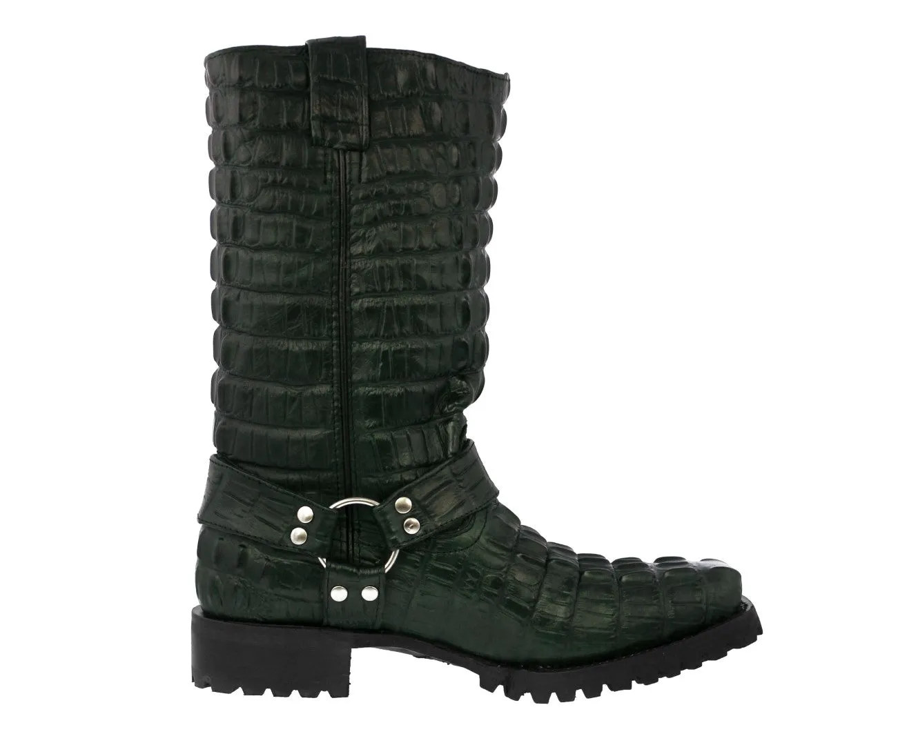 Mens Green Motorcycle Boots Crocodile Tail Print - Square Toe