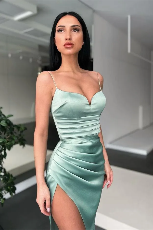 Mint Pleats High Slit Spaghetti-Straps Sweep Training Mermaid Prom Dress PD0444