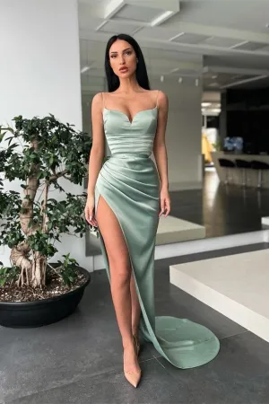 Mint Pleats High Slit Spaghetti-Straps Sweep Training Mermaid Prom Dress PD0444