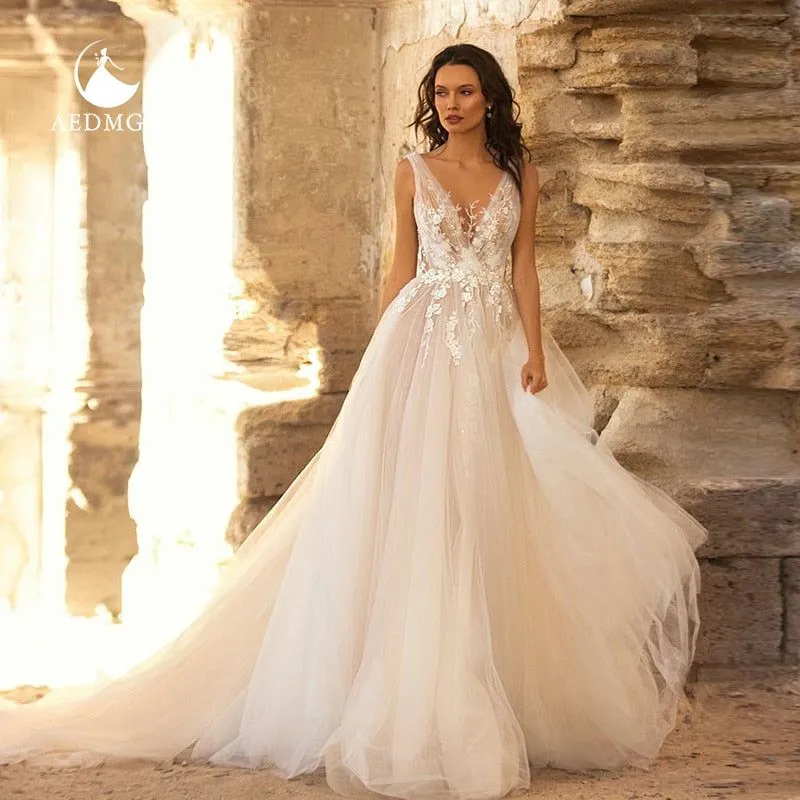 Nadia Stunning Beach Wedding Dress V- Neck Sleeveless A-Line Court Train Elegant Appliques