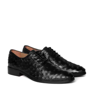 Oxford Leather Lace-Up Shoes in Black Real Ostrich Whole Cut/One-Piece