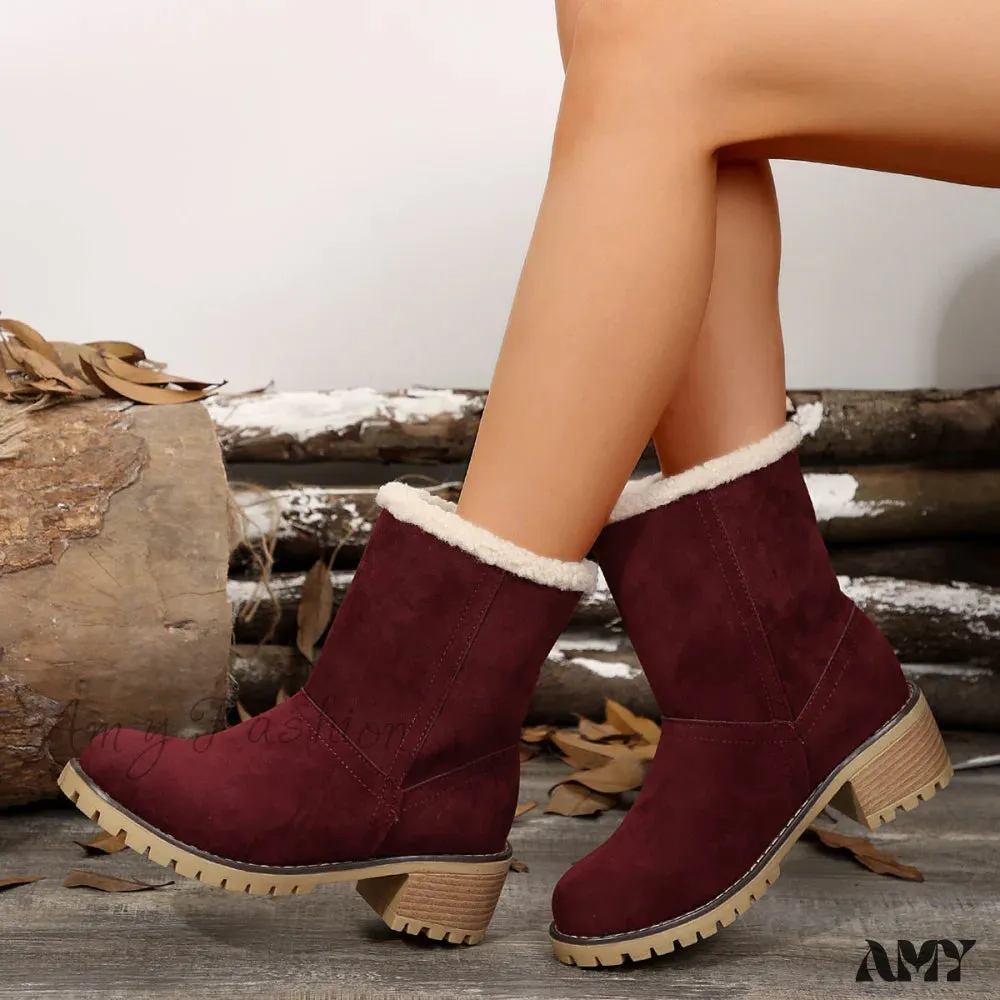 Plus Size Fleece Warm Chunky Mid Heel Short Martin Snow Boots Autumn Winter 2024 Shoes