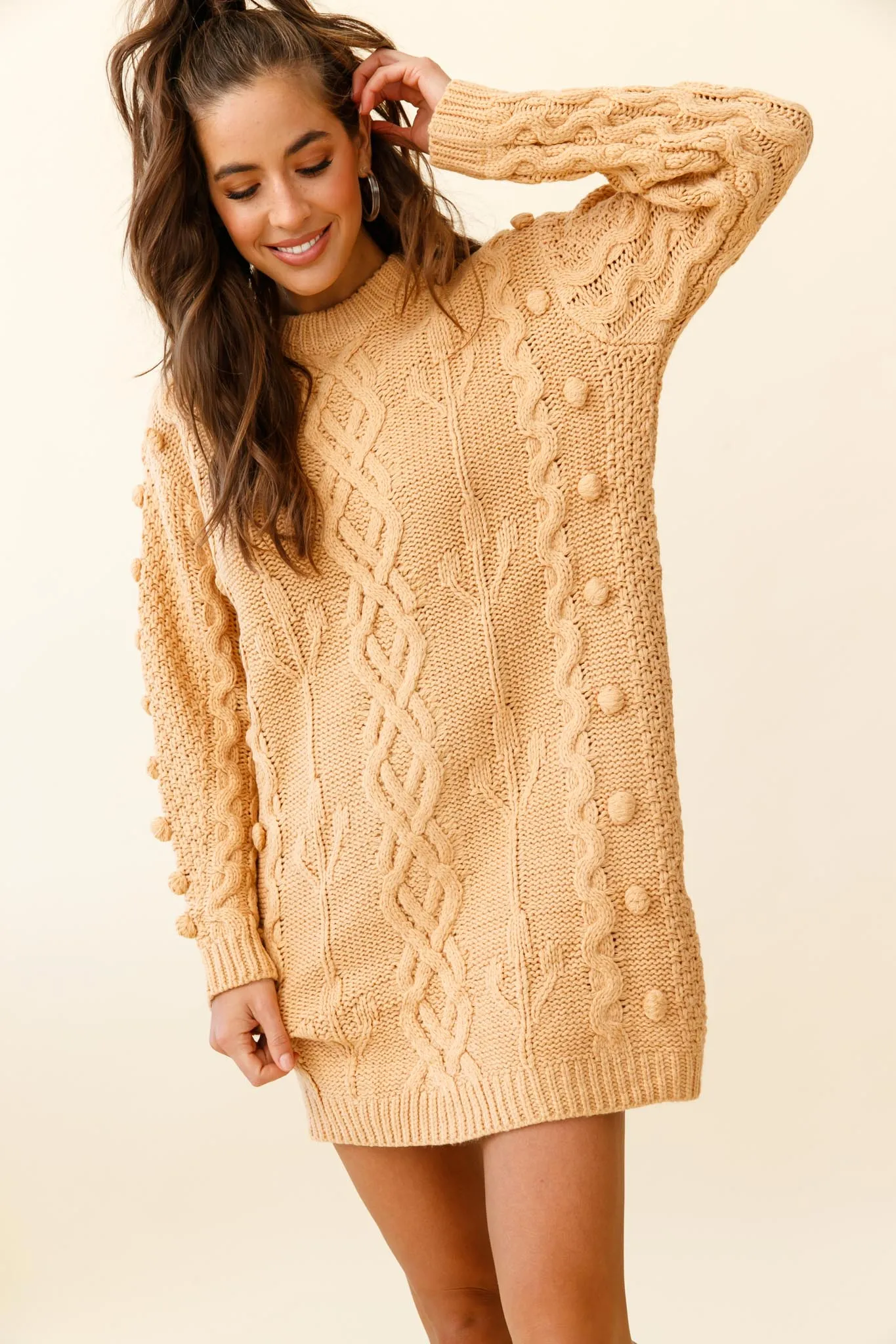 Snowstorm Pom Pom Detail Knit Sweater Dress Mustard