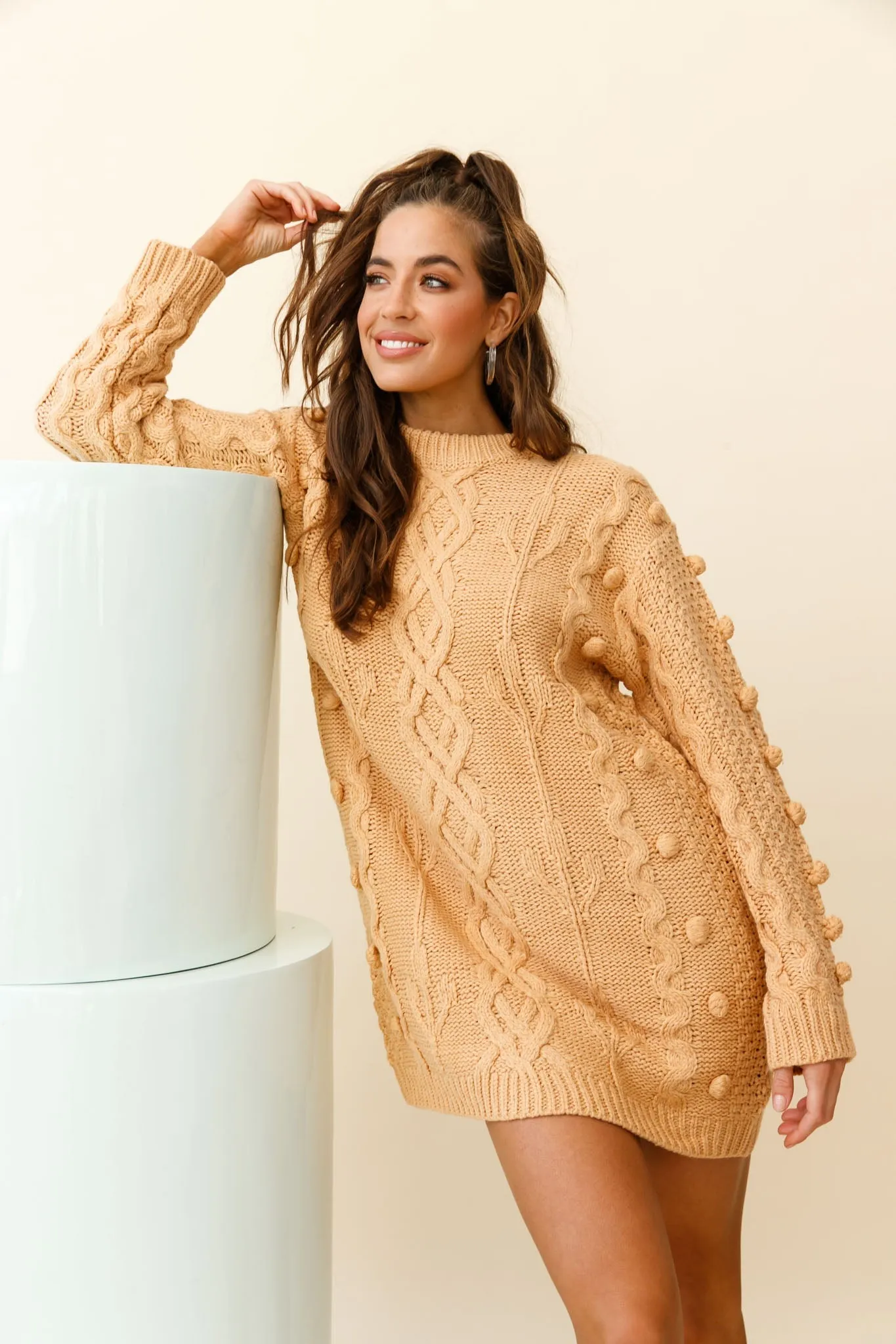 Snowstorm Pom Pom Detail Knit Sweater Dress Mustard