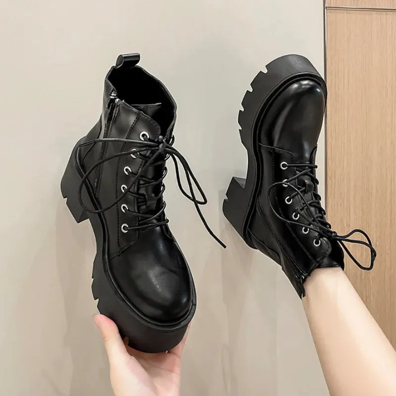 Sohiwoo Black Chunky Platform Ankle Boots for Women  Spring Thick Bottom Lace Up Shoes Woman Retro White Pu Leather Short Boots