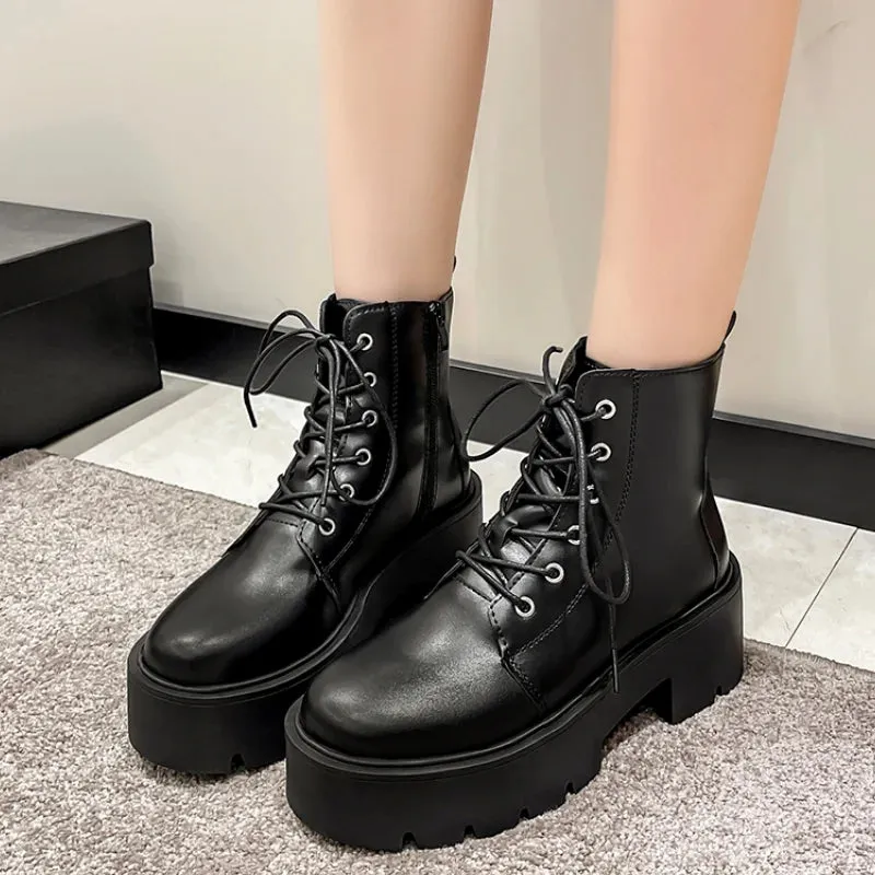 Sohiwoo Black Chunky Platform Ankle Boots for Women  Spring Thick Bottom Lace Up Shoes Woman Retro White Pu Leather Short Boots