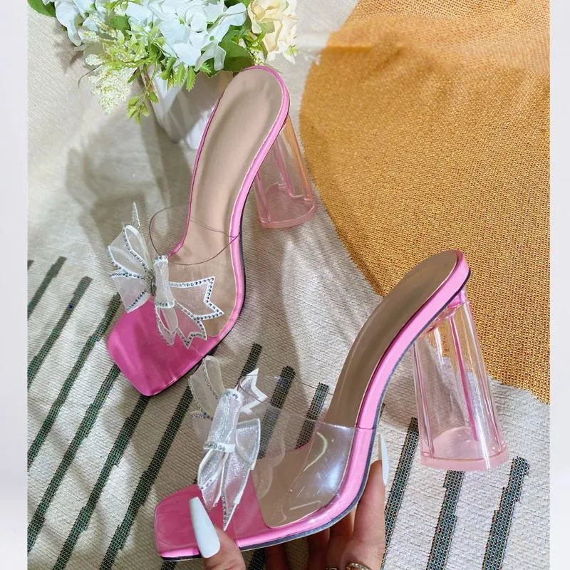 Sohiwoo CRYSTAL Butterfly-knot PVC Transparent Square High Heel Woman Slippers 2024 Summer Open-toe Dress Party Ladies Shoes