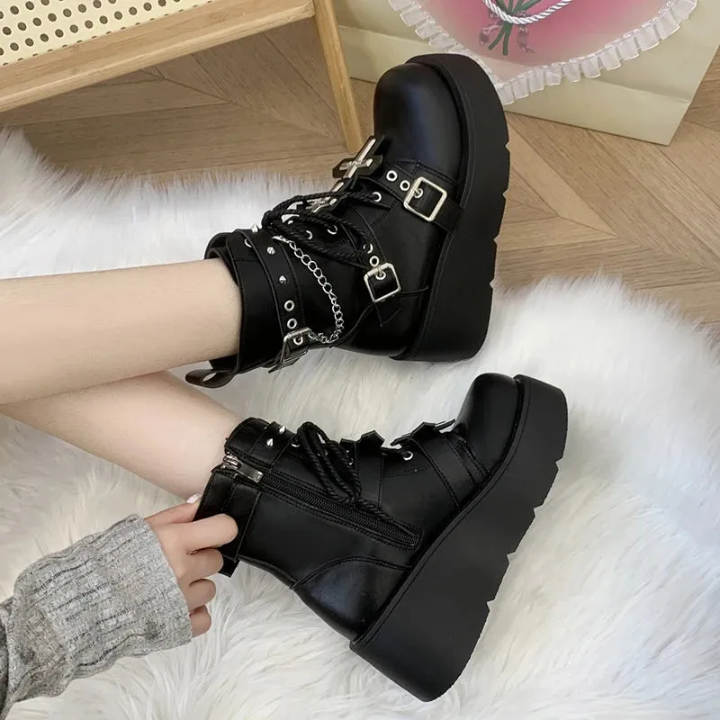 Sohiwoo Punk Black Chunky Platform Ankle Boots Women Winter Pu Leather Gothic Lolita Shoes Woman Metal Chain Thick Sole Y2K Boots