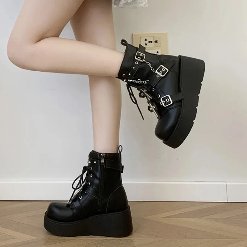 Sohiwoo Punk Black Chunky Platform Ankle Boots Women Winter Pu Leather Gothic Lolita Shoes Woman Metal Chain Thick Sole Y2K Boots