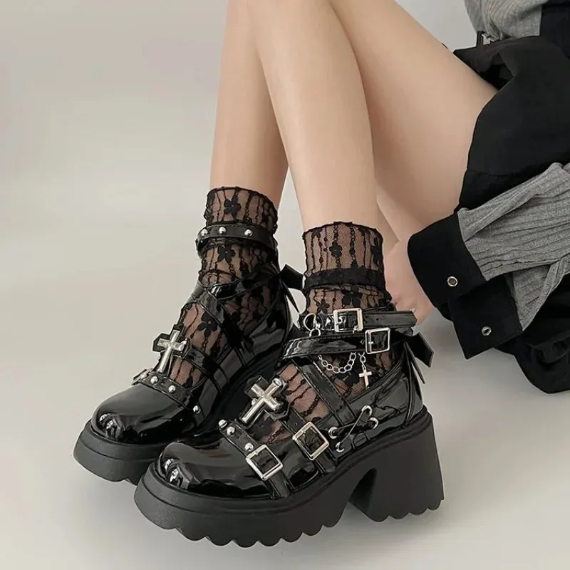 Sohiwoo Rivets Decor Chunky Platform Punk Ankle Boots Women 2024 Winter Pu Leather Black Boots Woman Metal Buckle Gothic Shoes