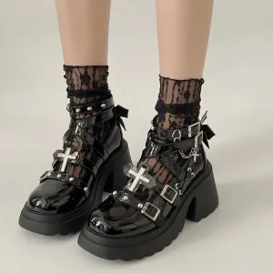 Sohiwoo Rivets Decor Chunky Platform Punk Ankle Boots Women 2024 Winter Pu Leather Black Boots Woman Metal Buckle Gothic Shoes