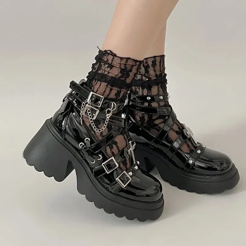 Sohiwoo Rivets Decor Chunky Platform Punk Ankle Boots Women 2024 Winter Pu Leather Black Boots Woman Metal Buckle Gothic Shoes