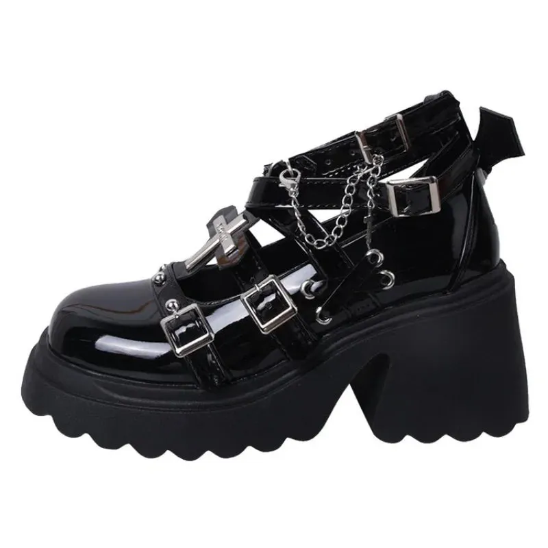 Sohiwoo Rivets Decor Chunky Platform Punk Ankle Boots Women 2024 Winter Pu Leather Black Boots Woman Metal Buckle Gothic Shoes