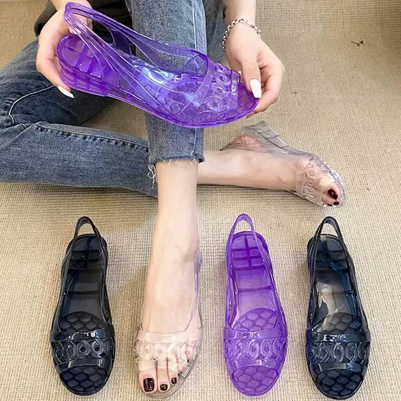 Sohiwoo Summer 2024 Pvc Plastic Sandals for Women Purple Footwear Open Toe Ladies Shoes with Medium Heels Jelly Asian Size Vip Sale F H