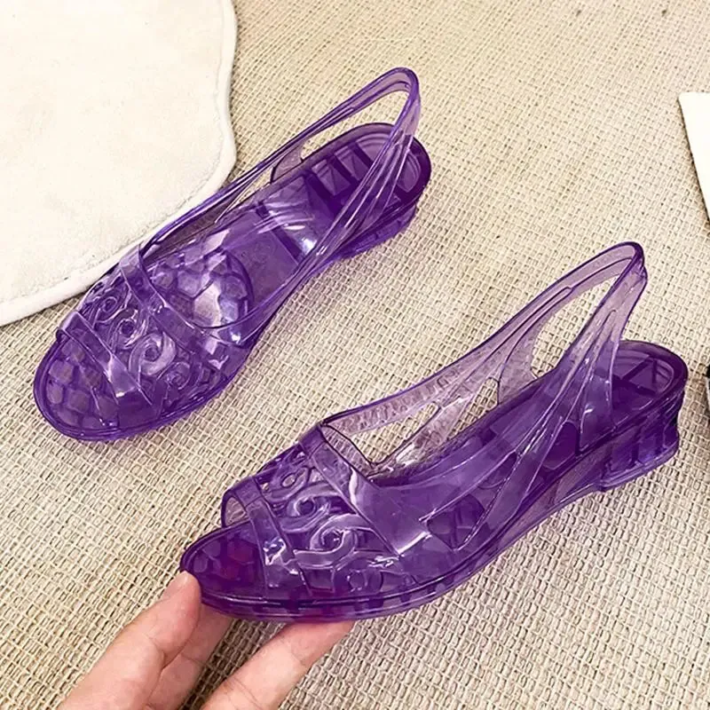 Sohiwoo Summer 2024 Pvc Plastic Sandals for Women Purple Footwear Open Toe Ladies Shoes with Medium Heels Jelly Asian Size Vip Sale F H