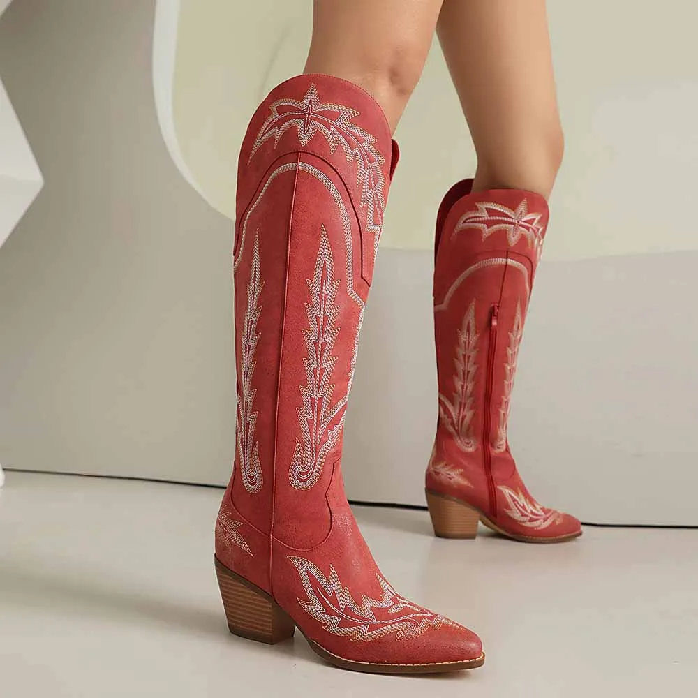 Western Cowboy Boots for Women Knee High Wide Calf Cowgirl Boots with Embroidered