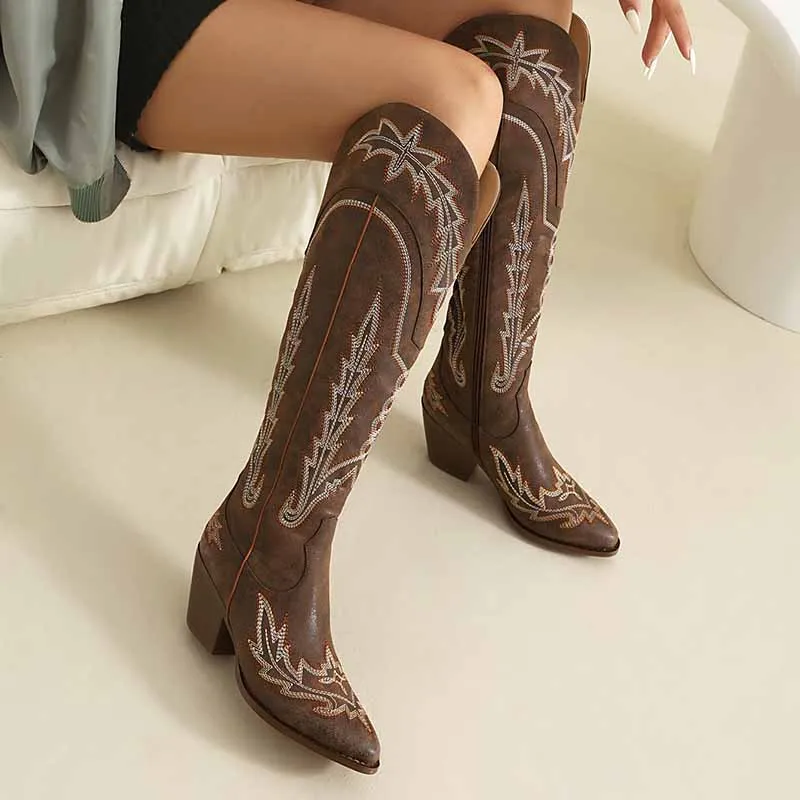 Western Cowboy Boots for Women Knee High Wide Calf Cowgirl Boots with Embroidered