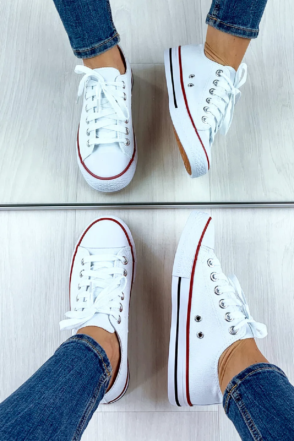 WHITE CANVAS LACE UP FLAT DESIGNER FASHION TRAINERS