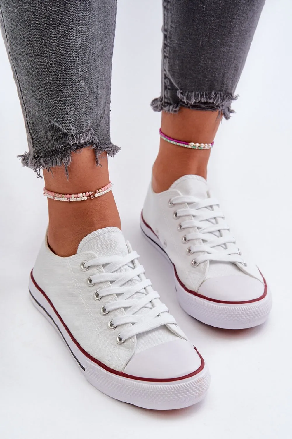 WHITE CANVAS LACE UP FLAT DESIGNER FASHION TRAINERS