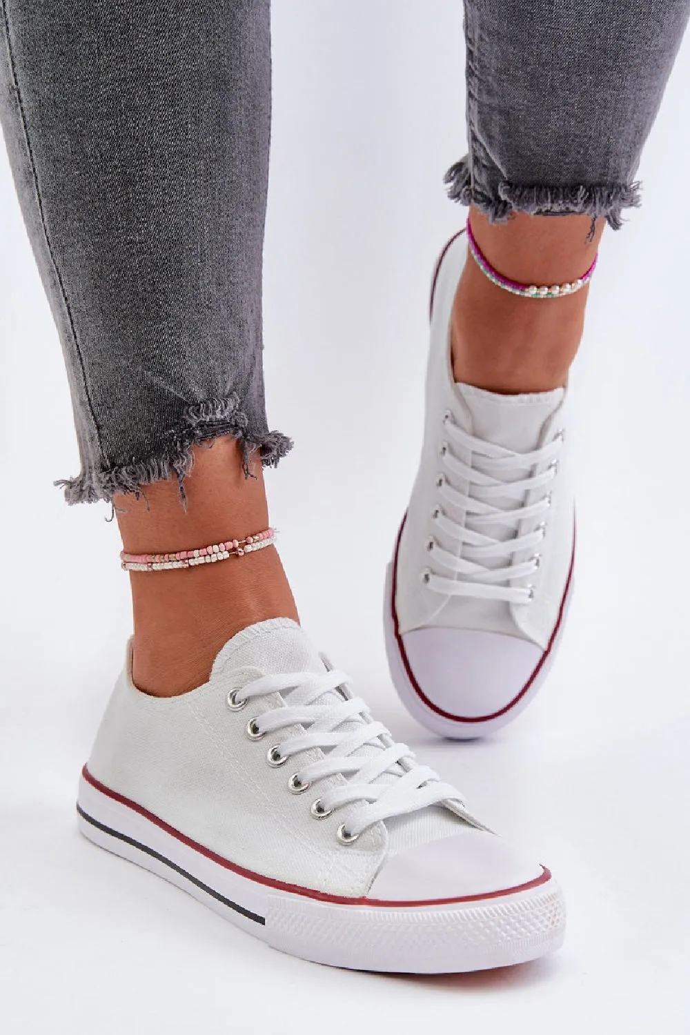 WHITE CANVAS LACE UP FLAT DESIGNER FASHION TRAINERS