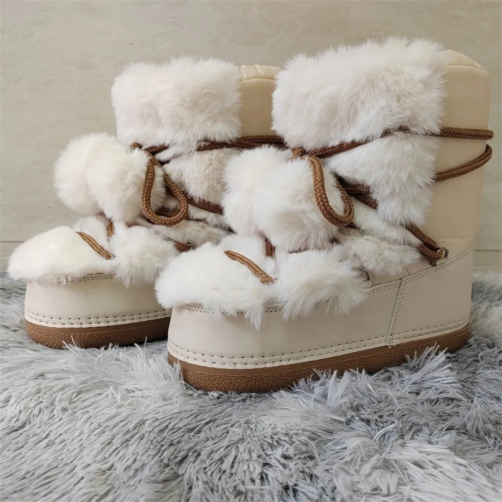 Wjczt 2024 Winter Snow Boots for Women Rabbit Fur Snow Boots Platform Lace-up Fluffy Furry Fur Ski Boots Female Warm Cotton Boots