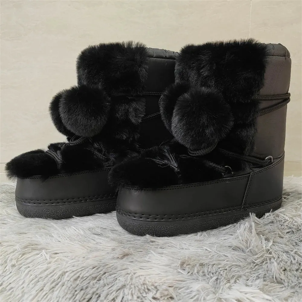 Wjczt 2024 Winter Snow Boots for Women Rabbit Fur Snow Boots Platform Lace-up Fluffy Furry Fur Ski Boots Female Warm Cotton Boots