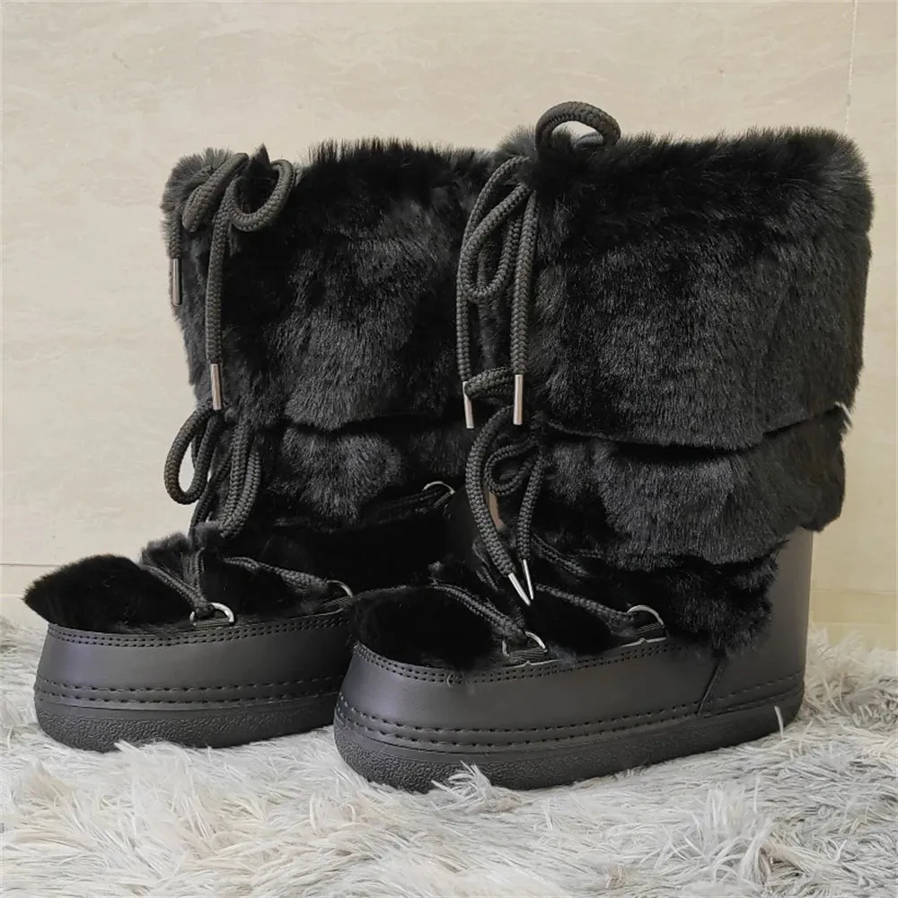 Wjczt 2024 Winter Snow Boots for Women Rabbit Fur Snow Boots Platform Lace-up Fluffy Furry Fur Ski Boots Female Warm Cotton Boots