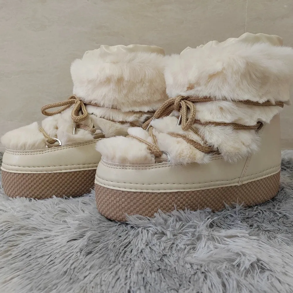 Wjczt 2024 Winter Snow Boots for Women Rabbit Fur Snow Boots Platform Lace-up Fluffy Furry Fur Ski Boots Female Warm Cotton Boots