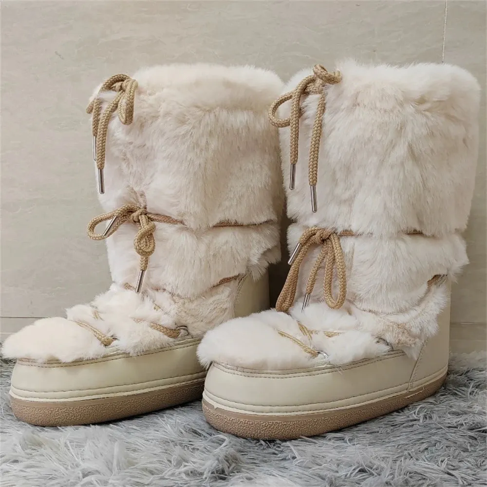 Wjczt 2024 Winter Snow Boots for Women Rabbit Fur Snow Boots Platform Lace-up Fluffy Furry Fur Ski Boots Female Warm Cotton Boots