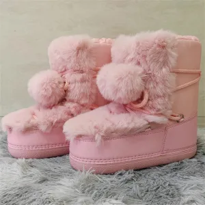 Wjczt 2024 Winter Snow Boots for Women Rabbit Fur Snow Boots Platform Lace-up Fluffy Furry Fur Ski Boots Female Warm Cotton Boots