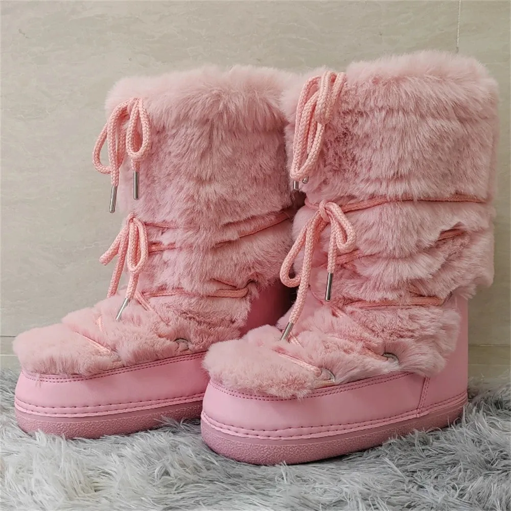 Wjczt 2024 Winter Snow Boots for Women Rabbit Fur Snow Boots Platform Lace-up Fluffy Furry Fur Ski Boots Female Warm Cotton Boots