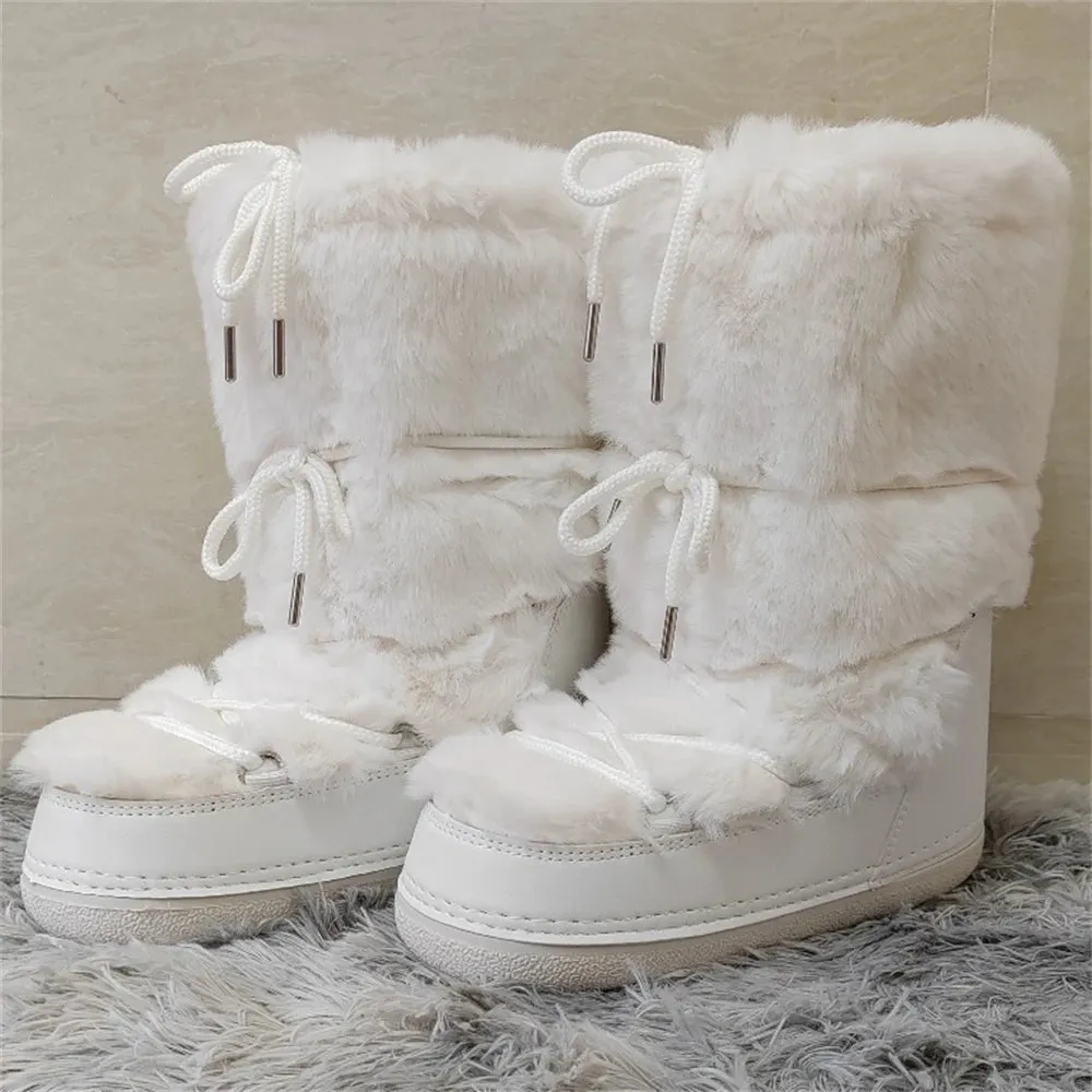 Wjczt 2024 Winter Snow Boots for Women Rabbit Fur Snow Boots Platform Lace-up Fluffy Furry Fur Ski Boots Female Warm Cotton Boots