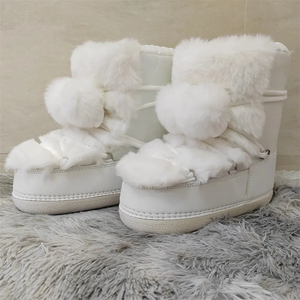 Wjczt 2024 Winter Snow Boots for Women Rabbit Fur Snow Boots Platform Lace-up Fluffy Furry Fur Ski Boots Female Warm Cotton Boots