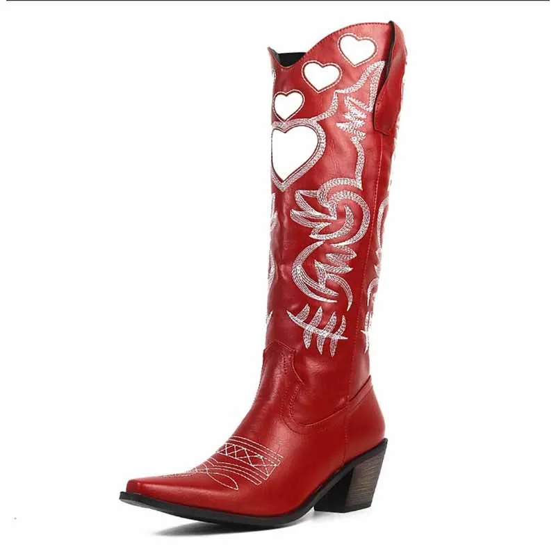 Women Black Embroidery Heart Cowgirl Boots, Embroidered Cowboy Western Knee High Heel boots