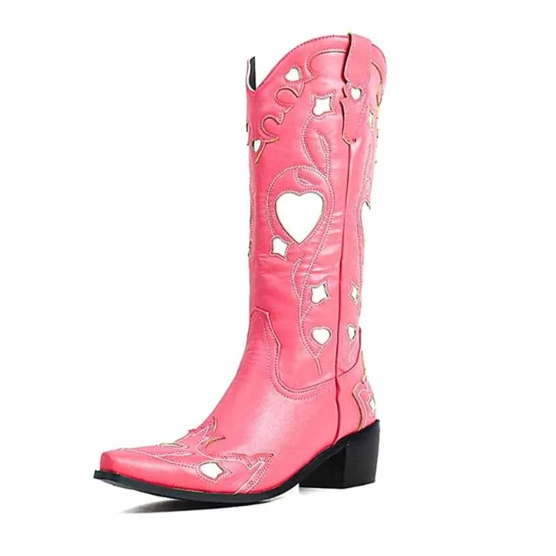 Women Black Embroidery Heart Cowgirl Boots, Embroidered Cowboy Western Knee High Heel boots