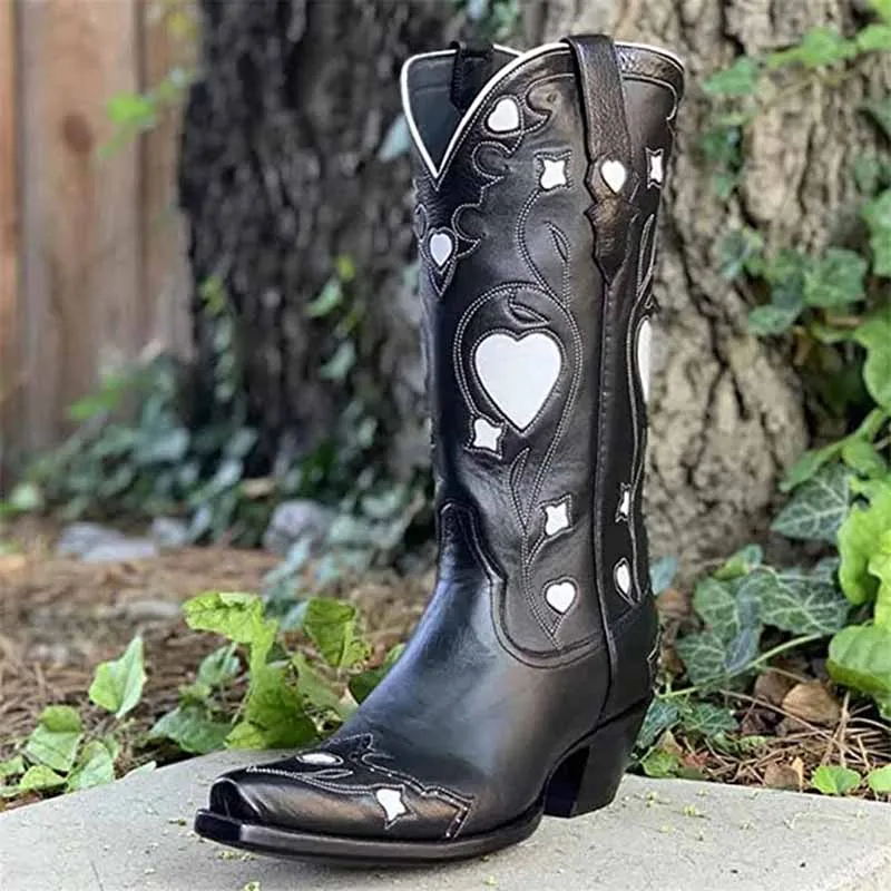 Women Black Embroidery Heart Cowgirl Boots, Embroidered Cowboy Western Knee High Heel boots