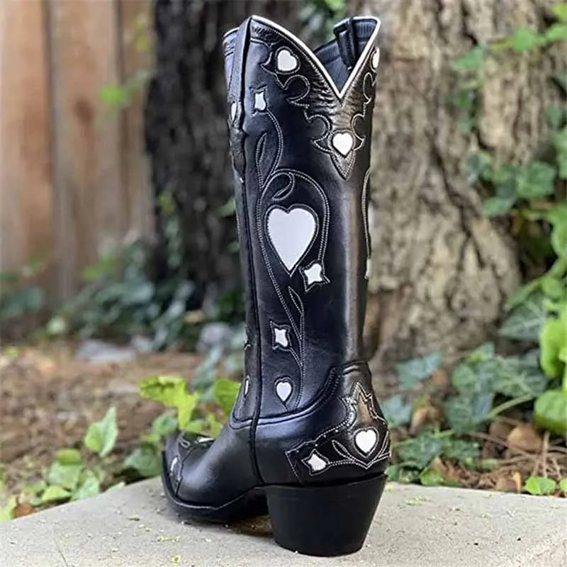 Women Black Embroidery Heart Cowgirl Boots, Embroidered Cowboy Western Knee High Heel boots