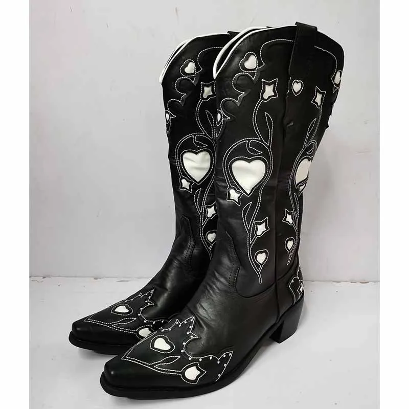 Women Black Embroidery Heart Cowgirl Boots, Embroidered Cowboy Western Knee High Heel boots