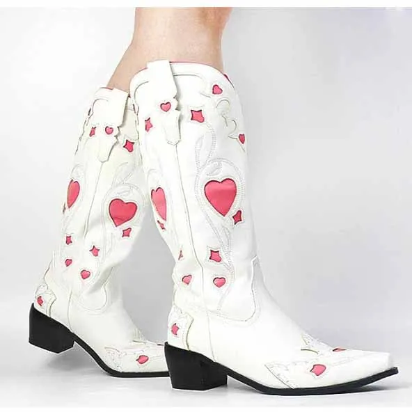 Women Black Embroidery Heart Cowgirl Boots, Embroidered Cowboy Western Knee High Heel boots