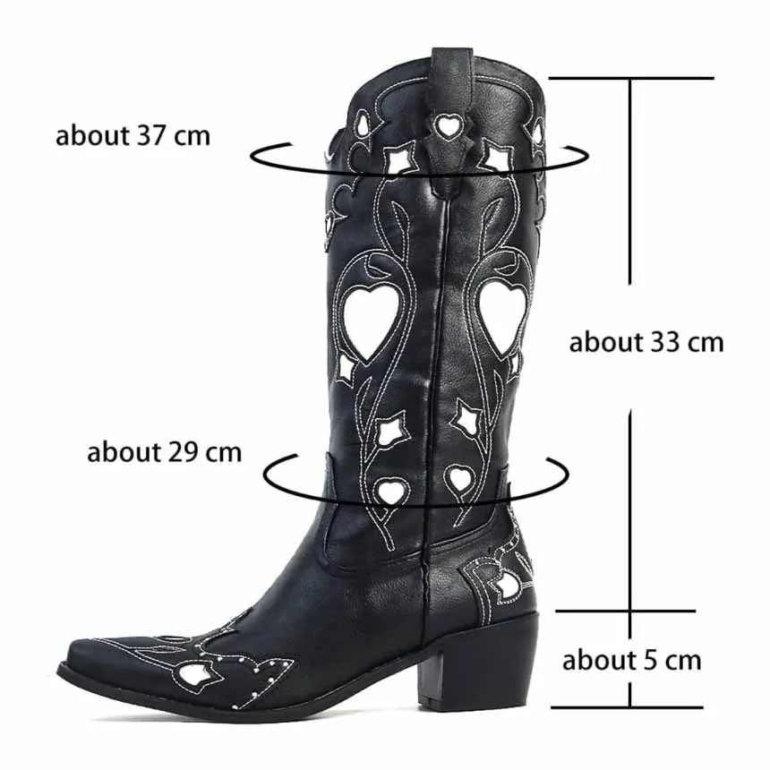 Women Black Embroidery Heart Cowgirl Boots, Embroidered Cowboy Western Knee High Heel boots