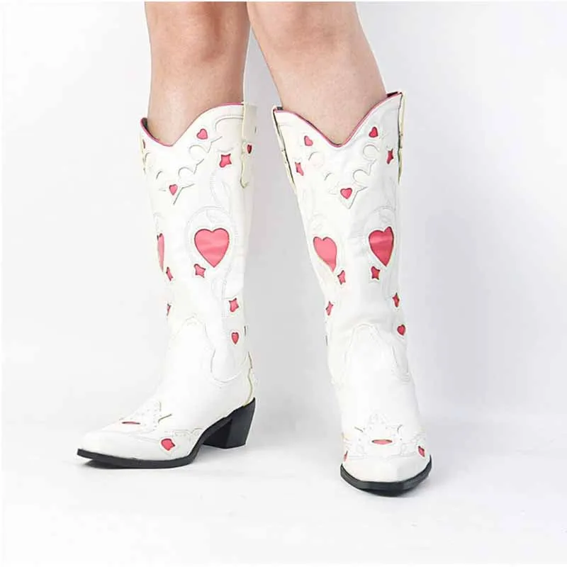 Women Black Embroidery Heart Cowgirl Boots, Embroidered Cowboy Western Knee High Heel boots