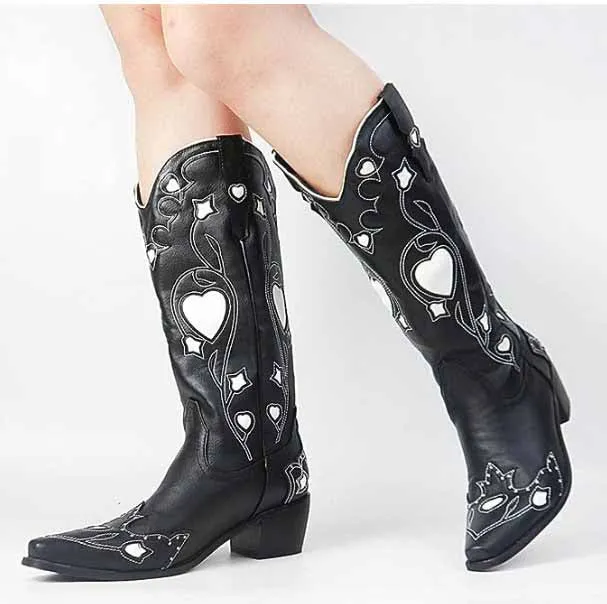 Women Black Embroidery Heart Cowgirl Boots, Embroidered Cowboy Western Knee High Heel boots