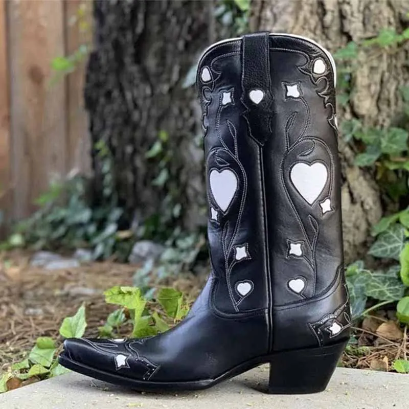 Women Black Embroidery Heart Cowgirl Boots, Embroidered Cowboy Western Knee High Heel boots