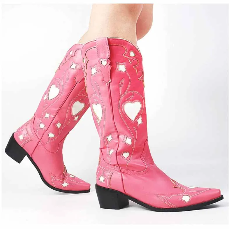 Women Black Embroidery Heart Cowgirl Boots, Embroidered Cowboy Western Knee High Heel boots