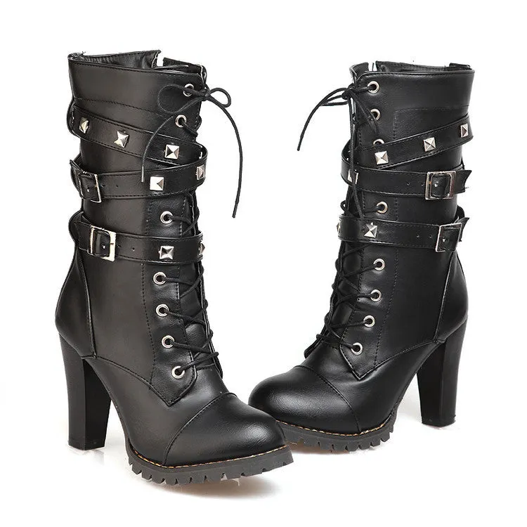 Women Lace up Ankle Buckle Chunky High Heel Platform Knight Boots