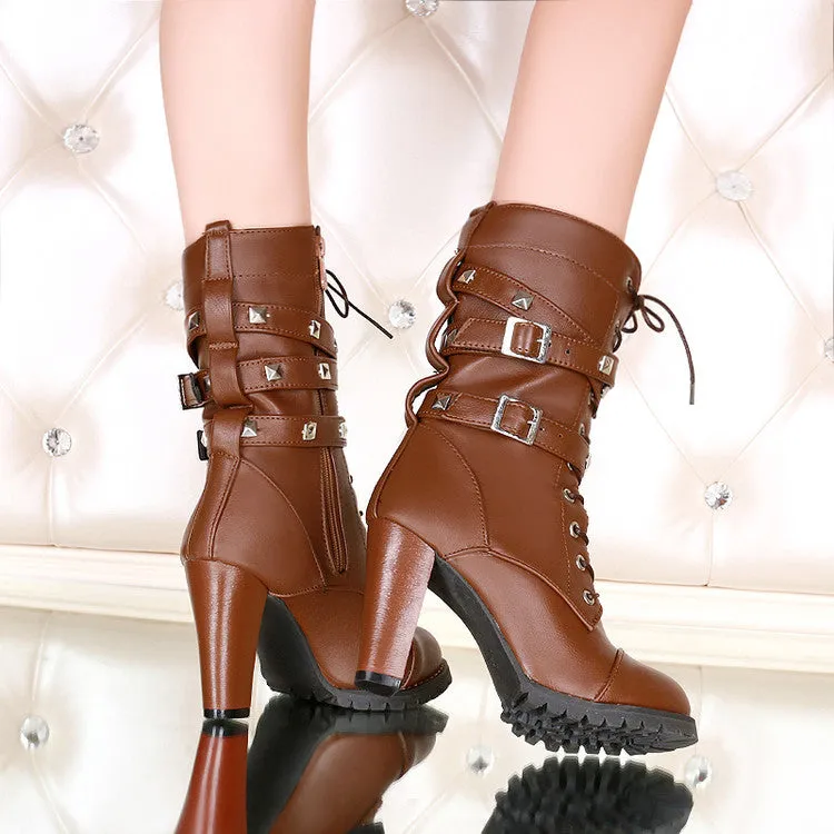 Women Lace up Ankle Buckle Chunky High Heel Platform Knight Boots