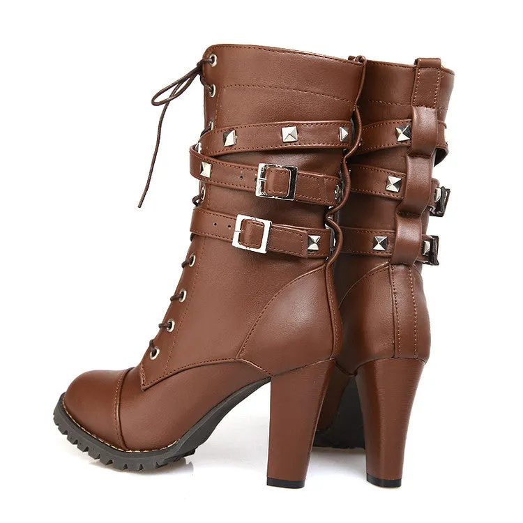 Women Lace up Ankle Buckle Chunky High Heel Platform Knight Boots