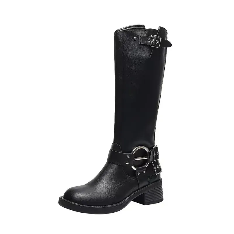 Womens Knee High Motorcycle Black Biker Boots