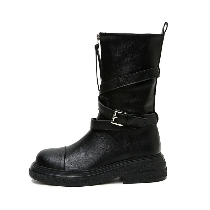 Women's Motorcycle Front Zipper Leather Boots