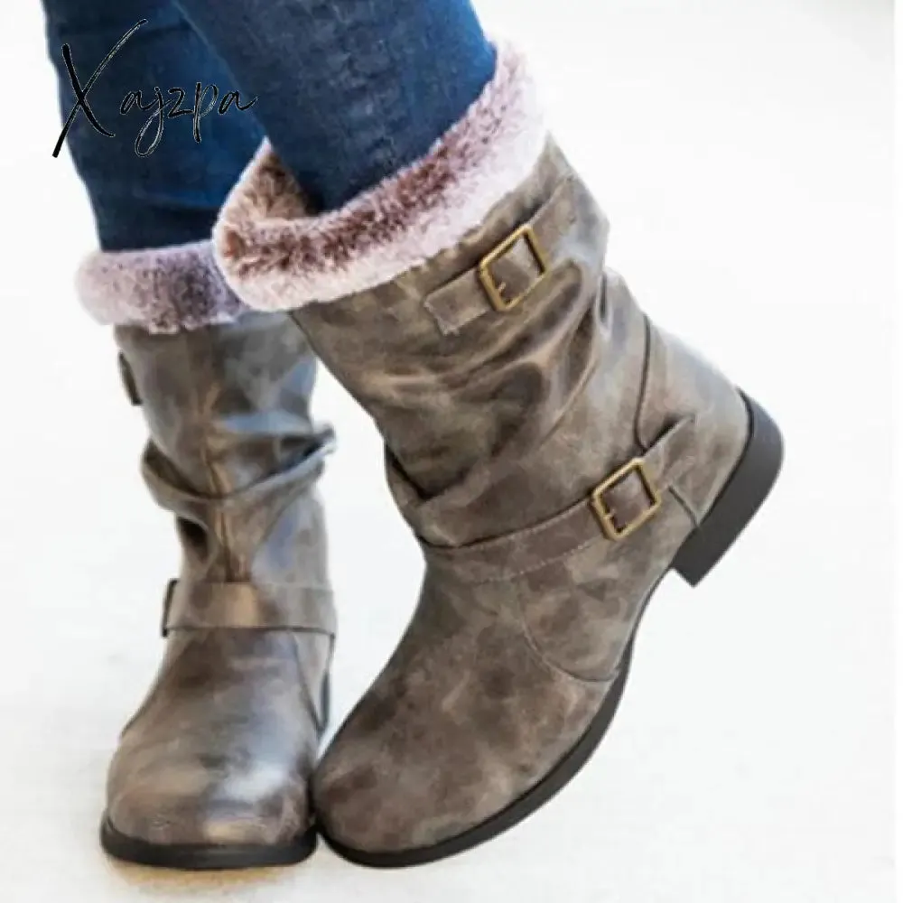 Xajzpa - Round Toe Low Heel Pull-On Fur Booties